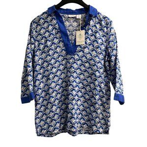 Sigrid Olsen Top Womens M Blue Geometric Linen Tunic Coastal Beachy Resort Wear‎
